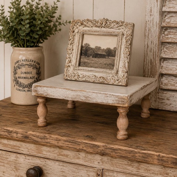 Other - Rustic Distressed White Wood Pedestal Riser Stand Square Farmhouse Decor Tray